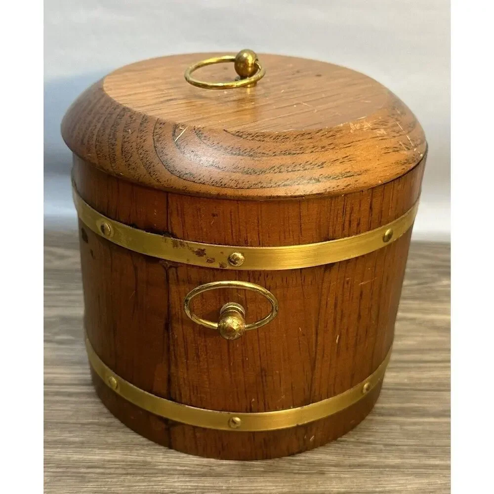 Vintage Ice Bucket Wood Brass Barrel Shape Barware Rustic Decor